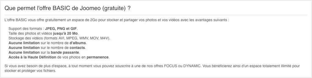 L'offre Basic de Joomeo