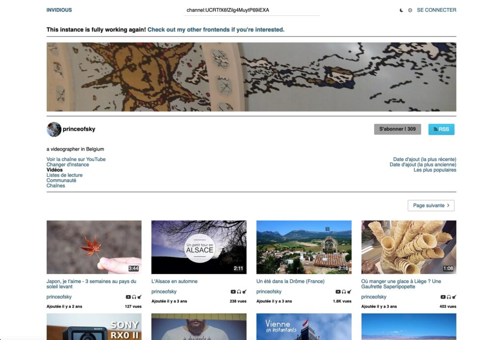 L'interface d'une instance Invidious